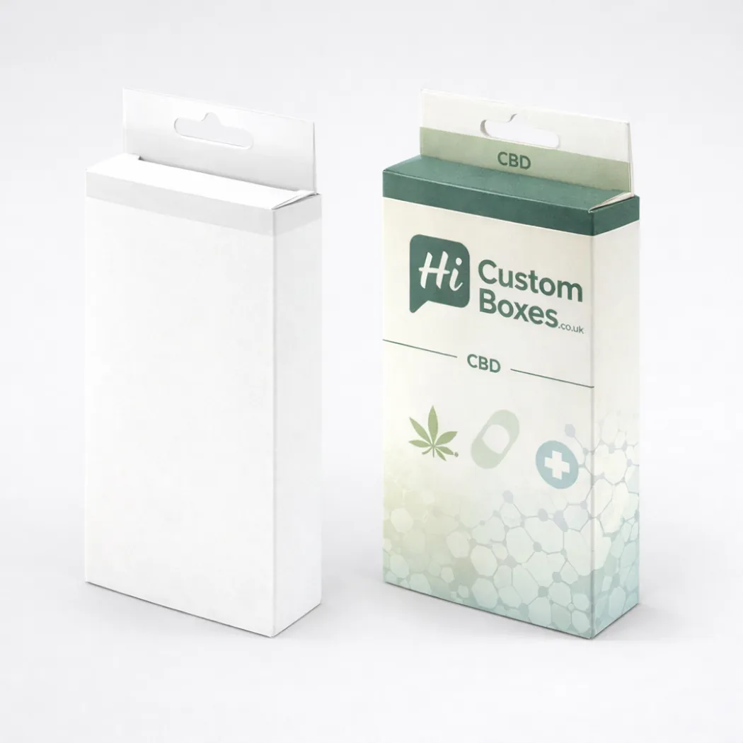 Slim hanging display boxes with a punch hole- featuring a minimalist green and white medicinal design- class=